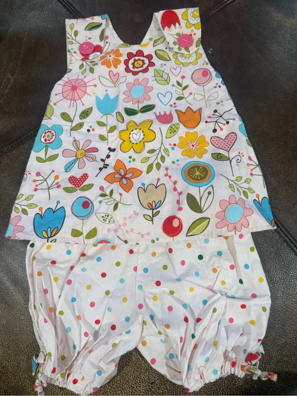 Floral and polka dot Apron top with bloomers.